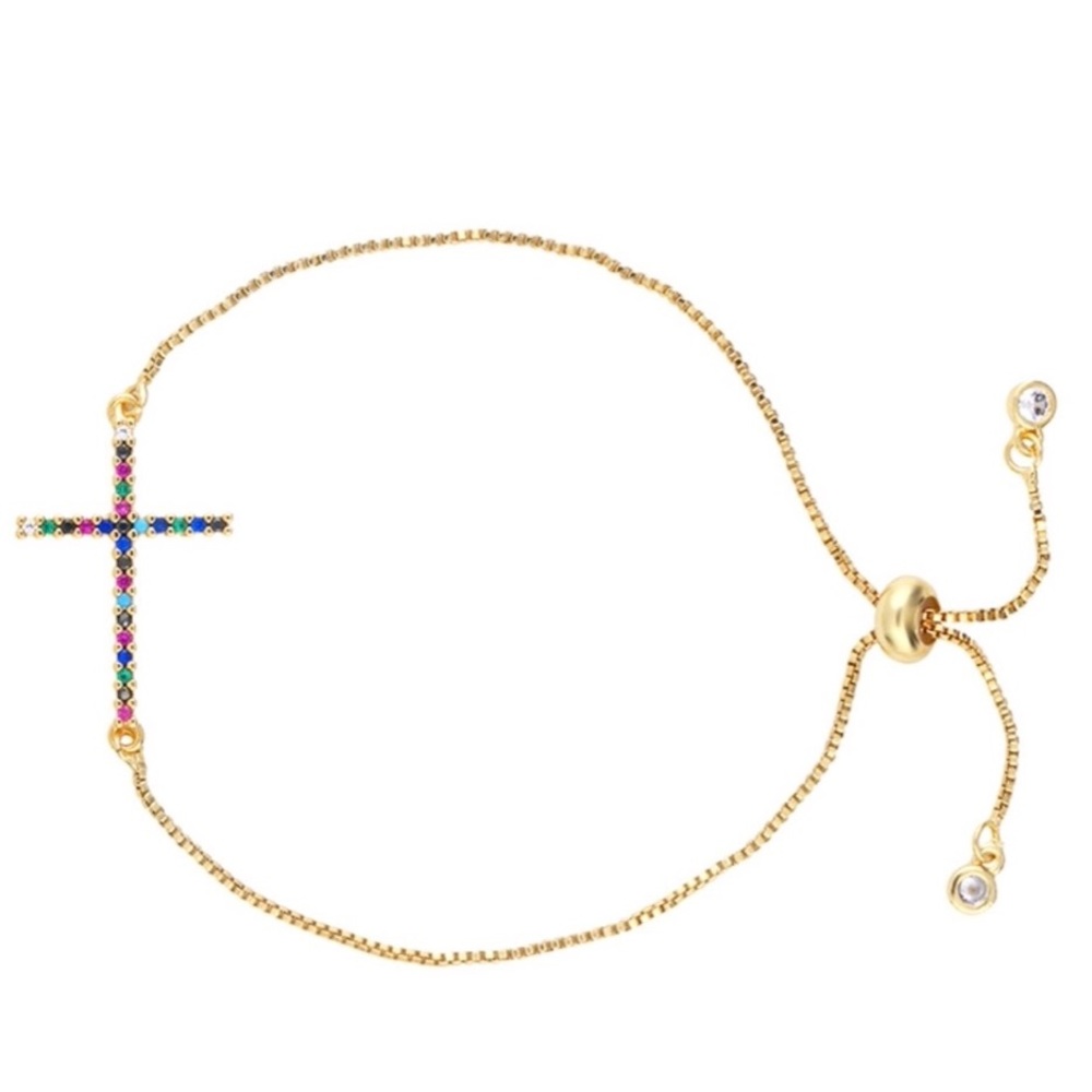 Gold Multicolor Cross Adjustable Tennis Bracelet - Picture 2 of 3